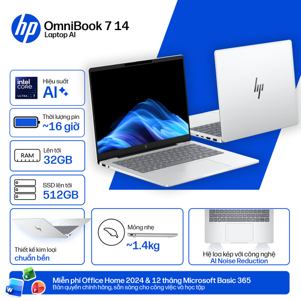 Laptop HP OmniBook 7 14-fr0033TU (C1MN2PA) (Ultra 5 225U/16GB RAM/512GB SSD/14 WUXGA/Win11&OfficeHS24+365/Bạc)